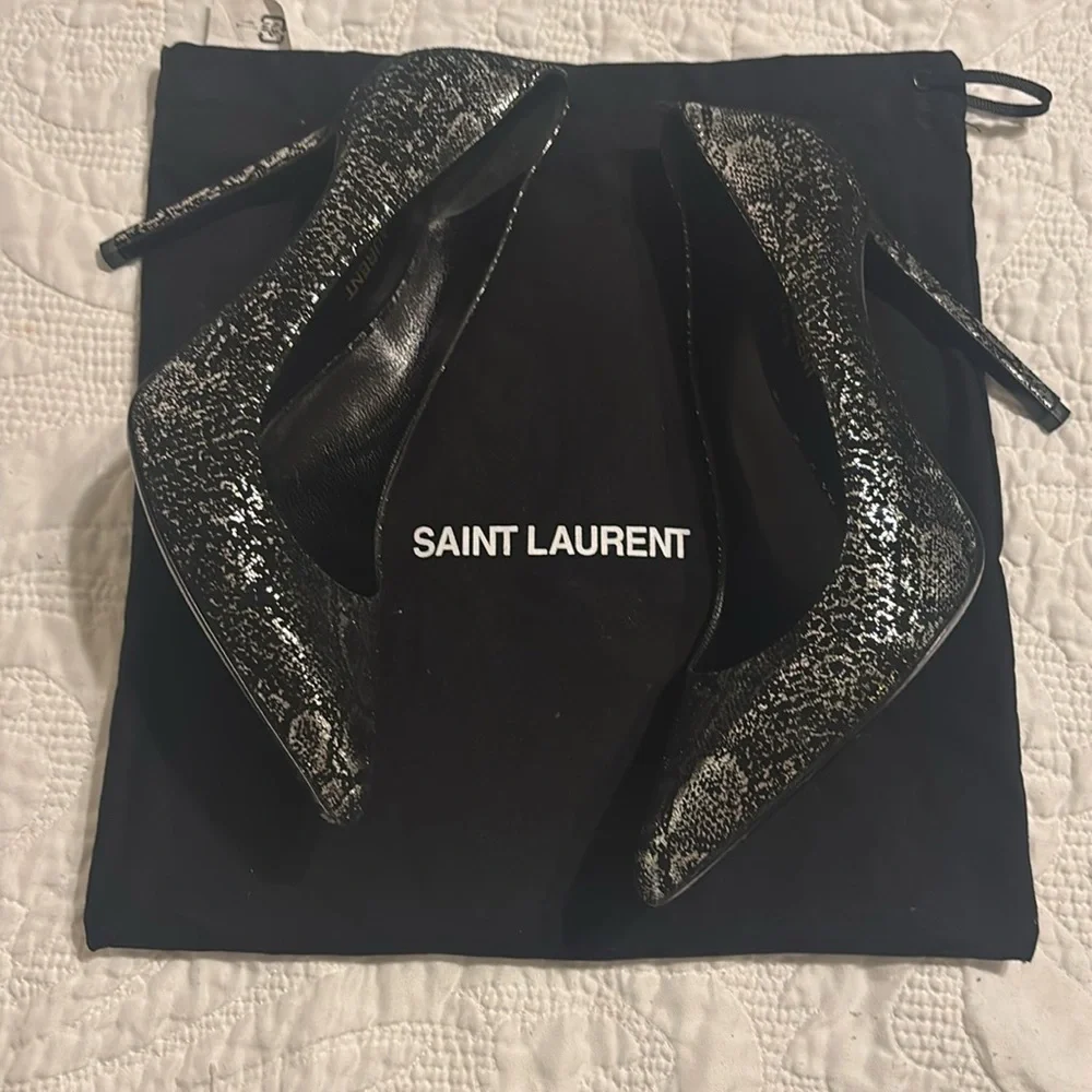 Saint Laurent Women's Black Suede metallic snakeskin Pumps silver size 39 YSL - Picture 2 of 12